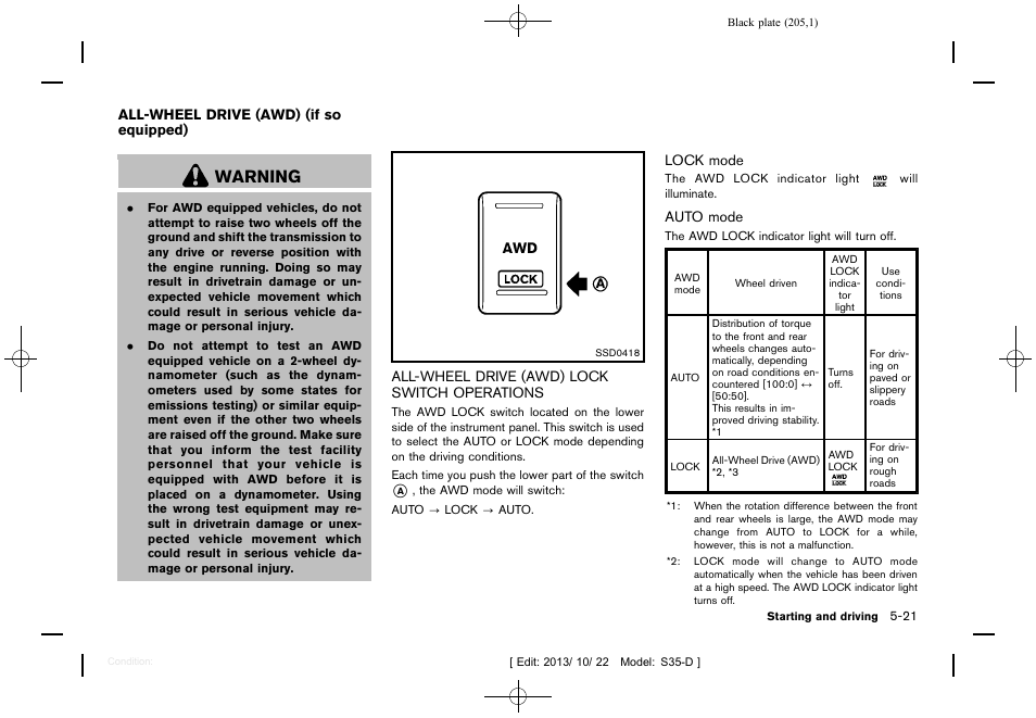 All-wheel drive (awd) (if so equipped) -21, All-wheel drive (awd) lock switch operations -21, Warning | NISSAN 2014 Rogue Select - Owner's Manual User Manual | Page 207 / 323