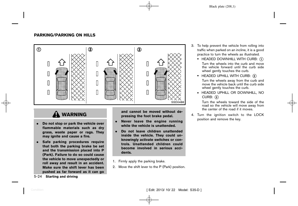 Parking/parking on hills -24, Warning | NISSAN 2014 Rogue Select - Owner's Manual User Manual | Page 210 / 323