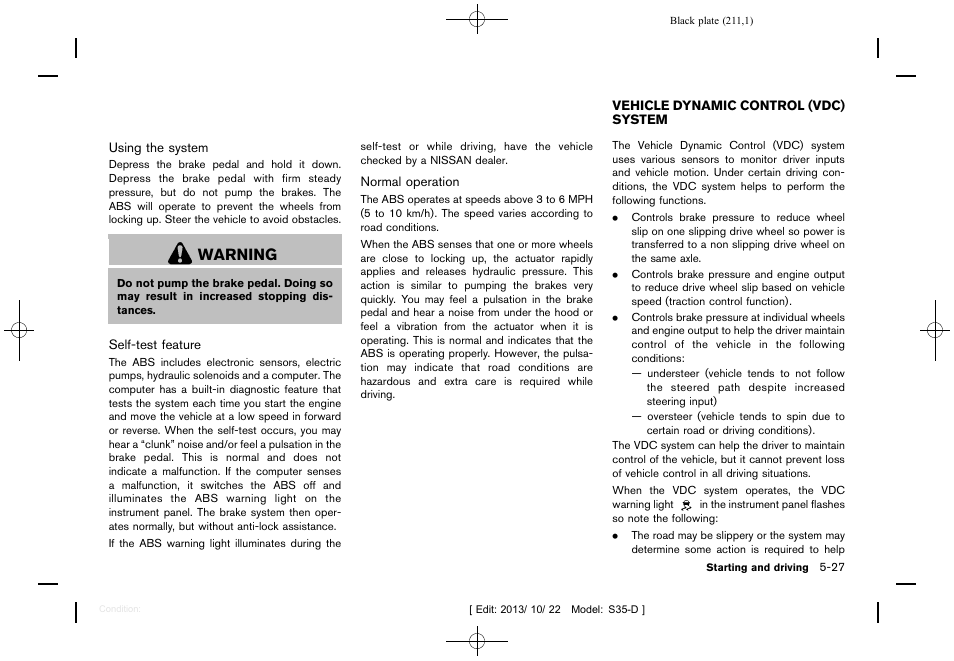 Vehicle dynamic control (vdc) system -27, Warning | NISSAN 2014 Rogue Select - Owner's Manual User Manual | Page 213 / 323
