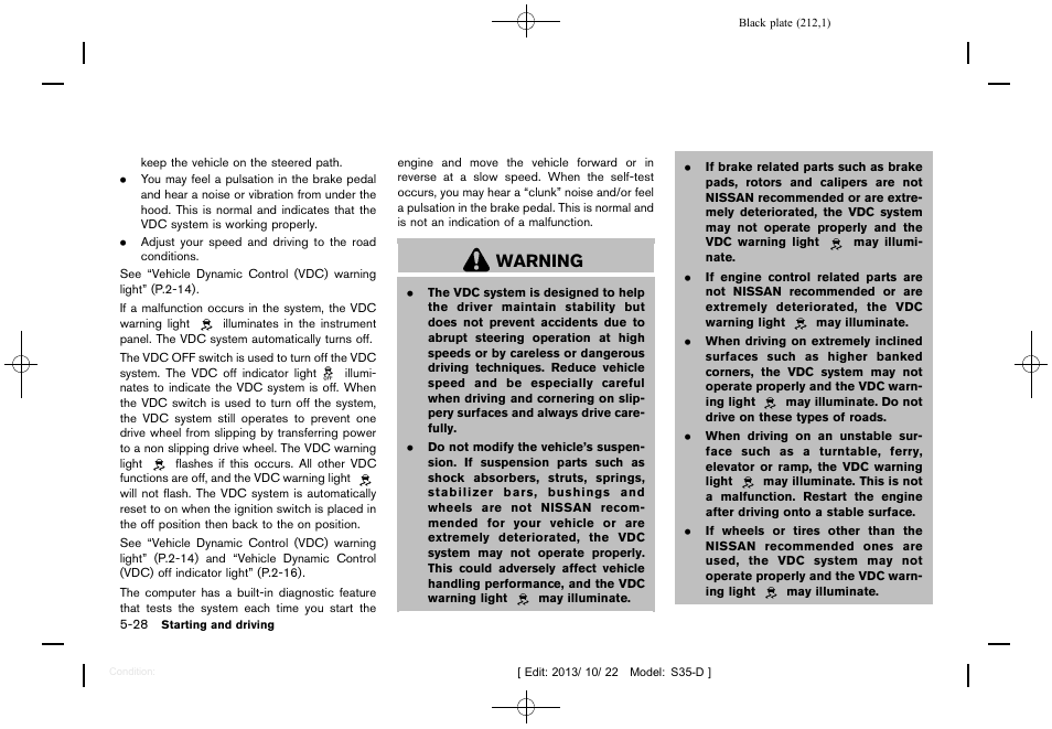 Warning | NISSAN 2014 Rogue Select - Owner's Manual User Manual | Page 214 / 323