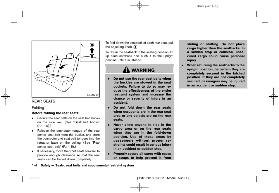Rear seats -4, Warning | NISSAN 2014 Rogue Select - Owner's Manual User Manual | Page 22 / 323
