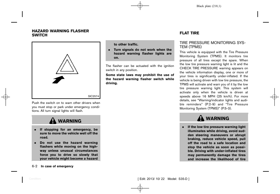 Hazard warning flasher switch -2 flat tire -2, Tire pressure monitoring system (tpms) -2, Warning | NISSAN 2014 Rogue Select - Owner's Manual User Manual | Page 220 / 323
