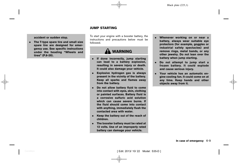 Jump starting -9, Warning | NISSAN 2014 Rogue Select - Owner's Manual User Manual | Page 227 / 323