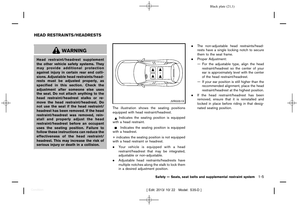 Head restraints/headrests -5, Warning | NISSAN 2014 Rogue Select - Owner's Manual User Manual | Page 23 / 323