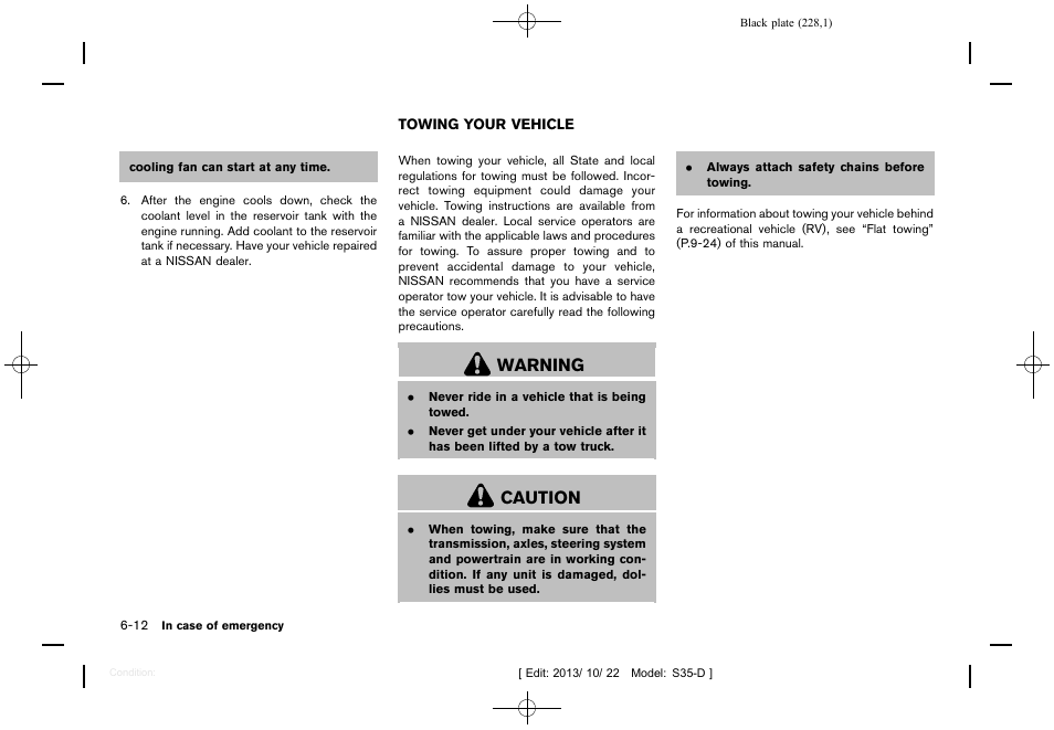 Towing your vehicle -12, Warning, Caution | NISSAN 2014 Rogue Select - Owner's Manual User Manual | Page 230 / 323
