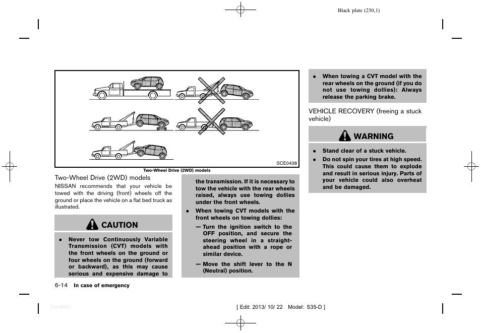 Vehicle recovery (freeing a stuck vehicle) -14, Caution, Warning | NISSAN 2014 Rogue Select - Owner's Manual User Manual | Page 232 / 323