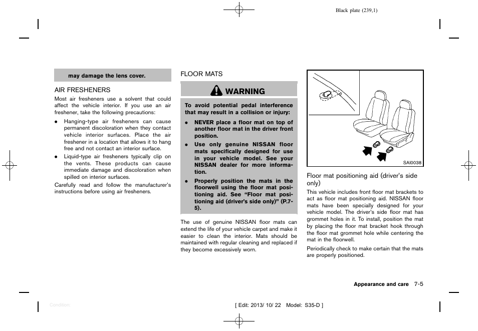 Air fresheners -5 floor mats -5, Warning | NISSAN 2014 Rogue Select - Owner's Manual User Manual | Page 241 / 323