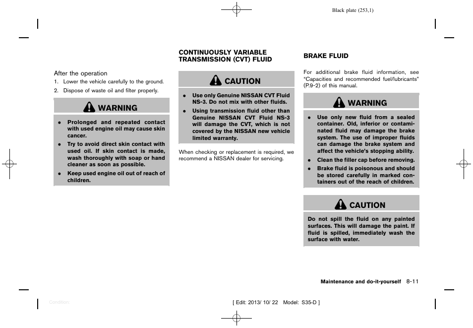 Warning, Caution | NISSAN 2014 Rogue Select - Owner's Manual User Manual | Page 255 / 323