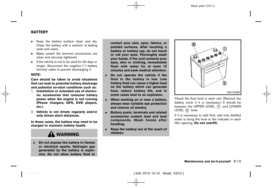 Battery -13, Warning | NISSAN 2014 Rogue Select - Owner's Manual User Manual | Page 257 / 323