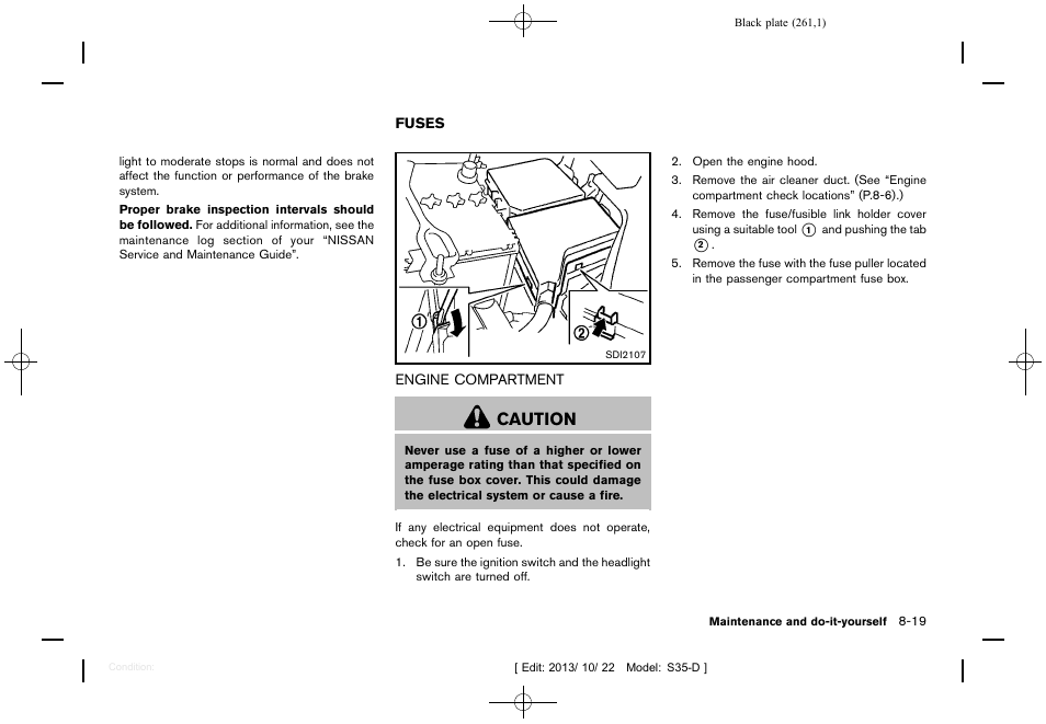 Fuses -19, Engine compartment -19, Caution | NISSAN 2014 Rogue Select - Owner's Manual User Manual | Page 263 / 323