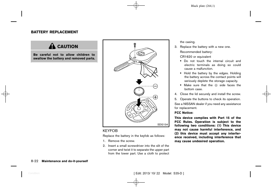 Battery replacement -22, Keyfob -22, Caution | NISSAN 2014 Rogue Select - Owner's Manual User Manual | Page 266 / 323