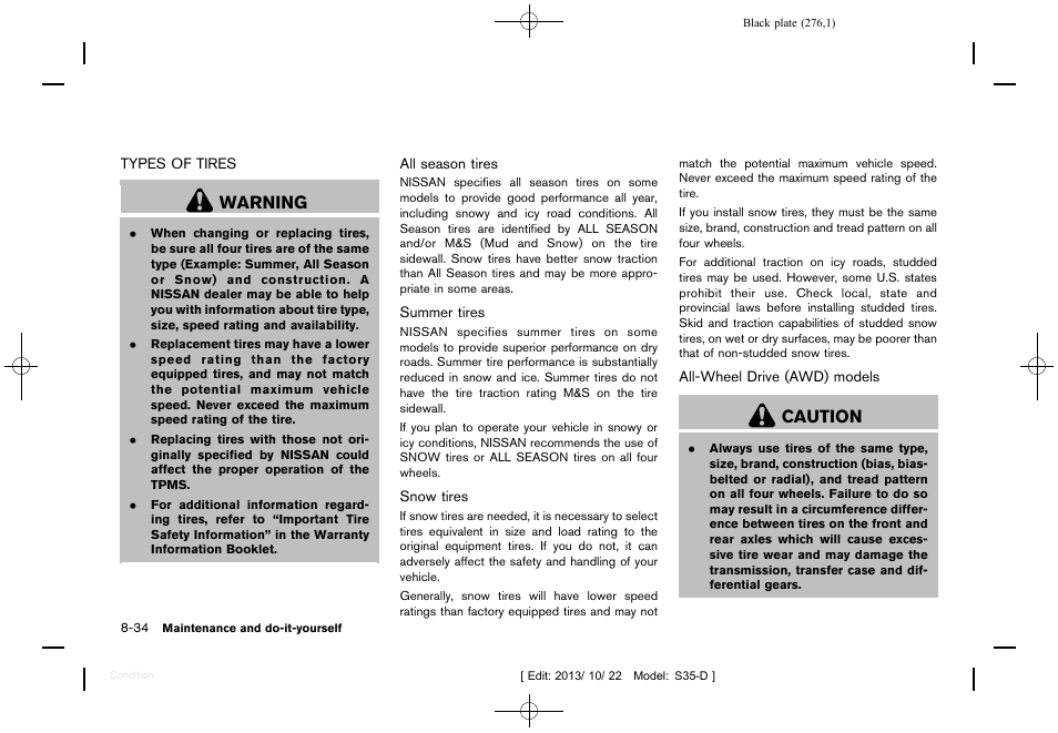 Types of tires -34, Warning, Caution | NISSAN 2014 Rogue Select - Owner's Manual User Manual | Page 278 / 323
