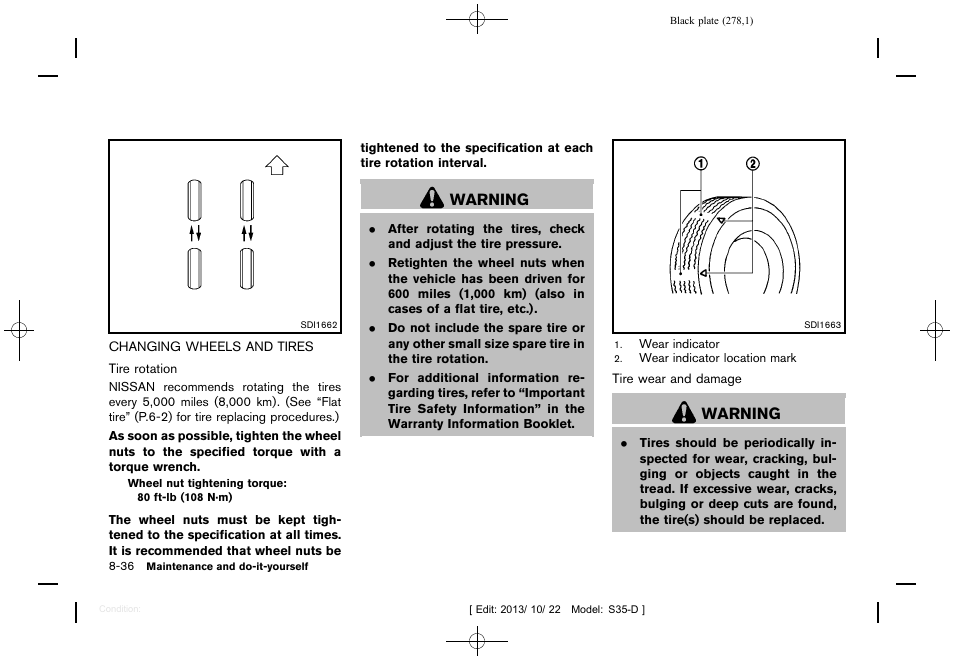 Changing wheels and tires -36, Warning | NISSAN 2014 Rogue Select - Owner's Manual User Manual | Page 280 / 323