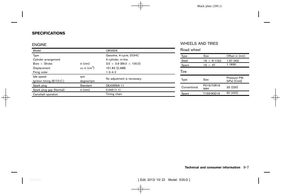Specifications -7, Engine -7 wheels and tires -7 | NISSAN 2014 Rogue Select - Owner's Manual User Manual | Page 291 / 323