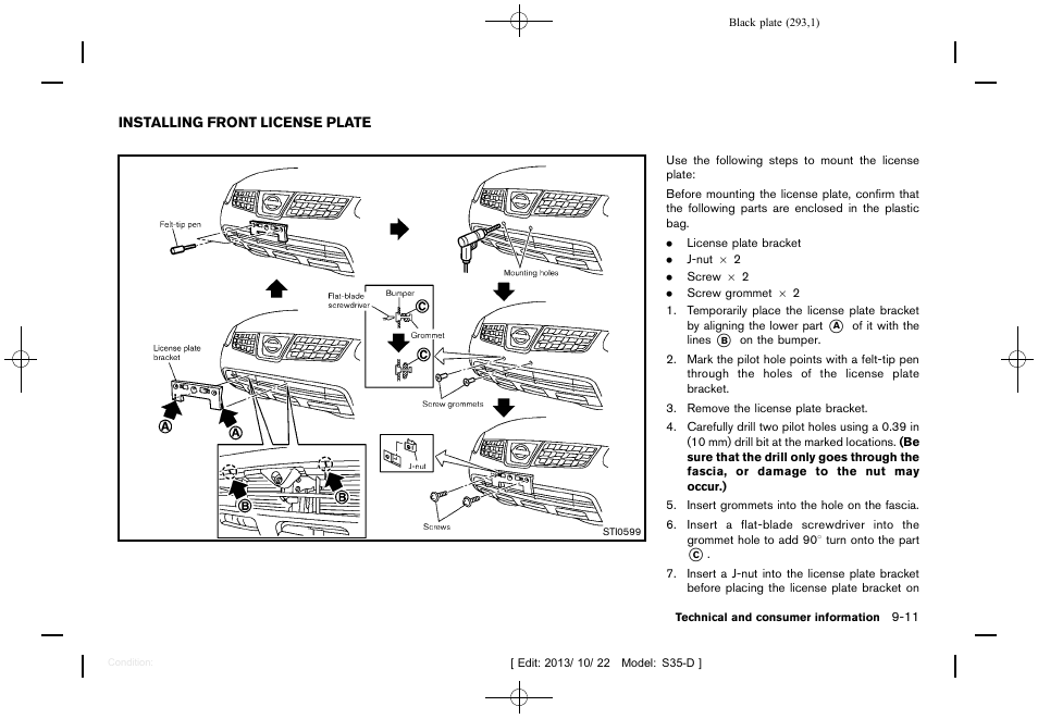 Installing front license plate -11 | NISSAN 2014 Rogue Select - Owner's Manual User Manual | Page 295 / 323