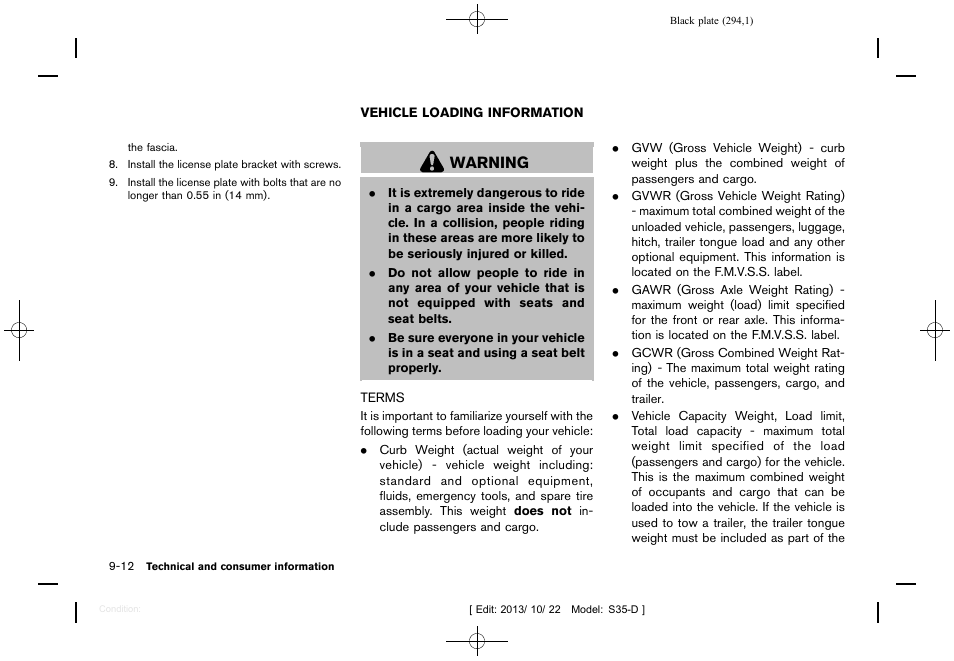 Vehicle loading information -12, Terms -12, Warning | NISSAN 2014 Rogue Select - Owner's Manual User Manual | Page 296 / 323