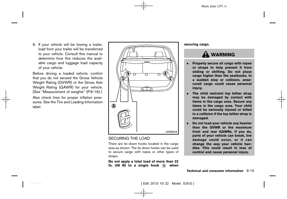 Securing the load -15, Warning | NISSAN 2014 Rogue Select - Owner's Manual User Manual | Page 299 / 323