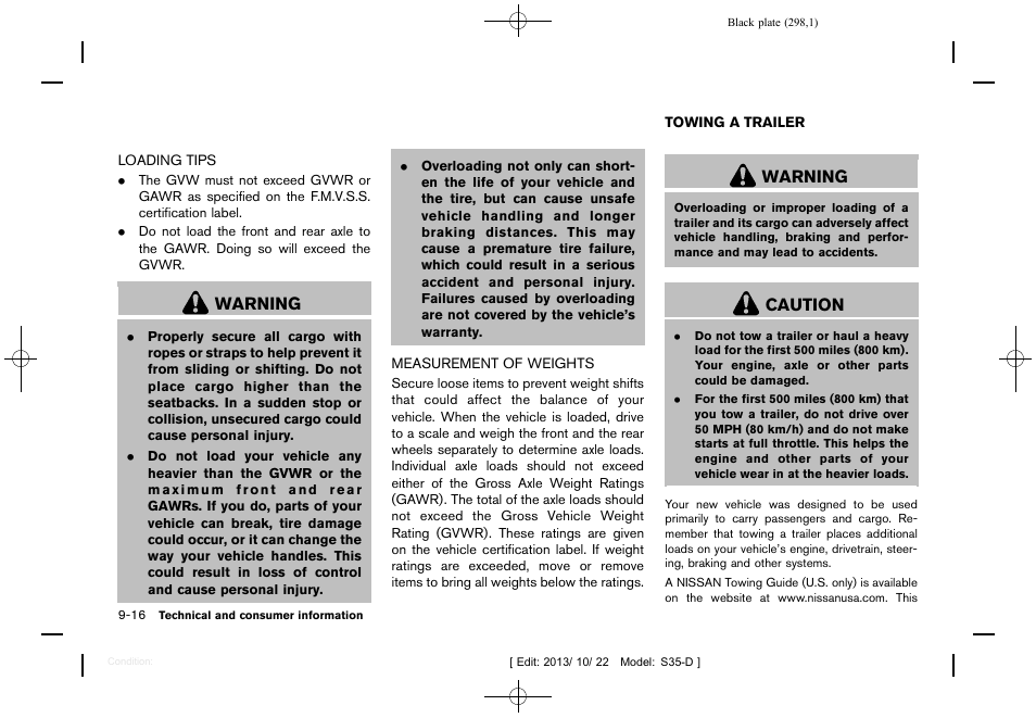 Loading tips -16 measurement of weights -16, Towing a trailer -16, Warning | Caution | NISSAN 2014 Rogue Select - Owner's Manual User Manual | Page 300 / 323