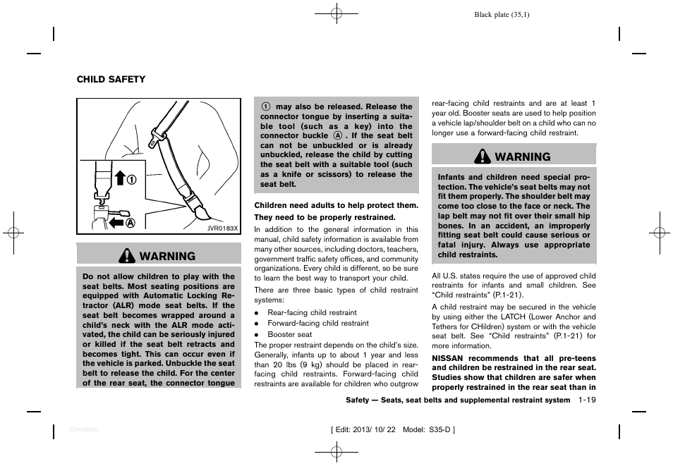 Child safety -19, Warning | NISSAN 2014 Rogue Select - Owner's Manual User Manual | Page 37 / 323