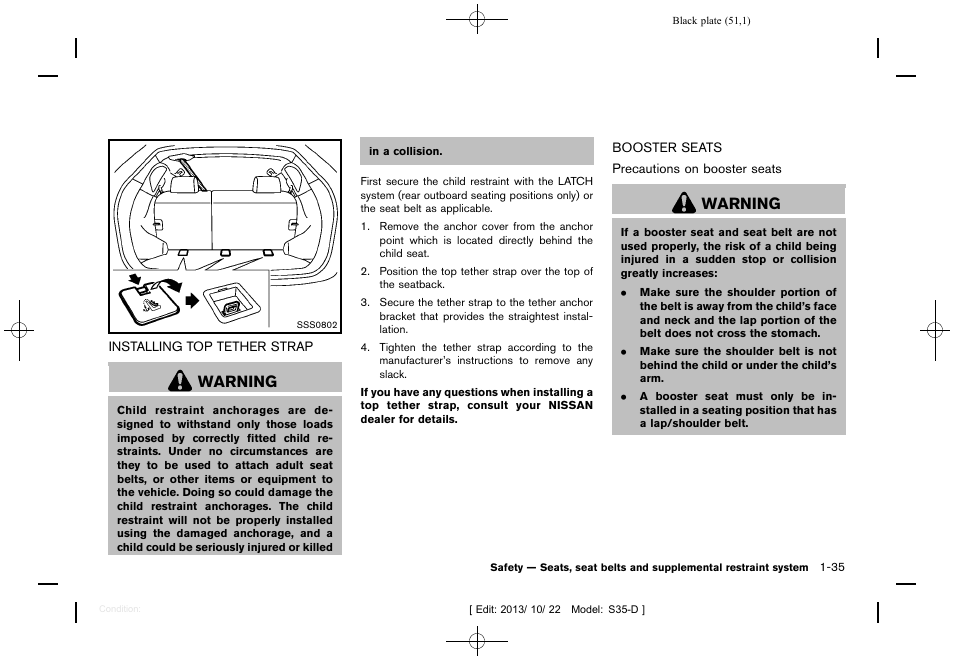 Installing top tether strap -35 booster seats -35, Warning | NISSAN 2014 Rogue Select - Owner's Manual User Manual | Page 53 / 323