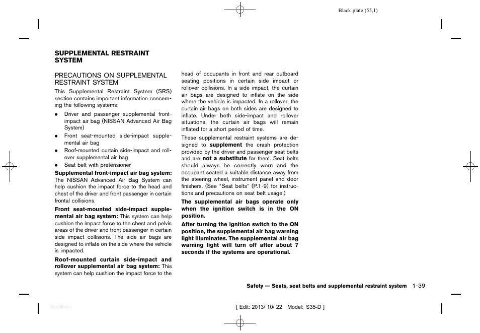 Supplemental restraint system -39, Precautions on supplemental restraint system -39 | NISSAN 2014 Rogue Select - Owner's Manual User Manual | Page 57 / 323