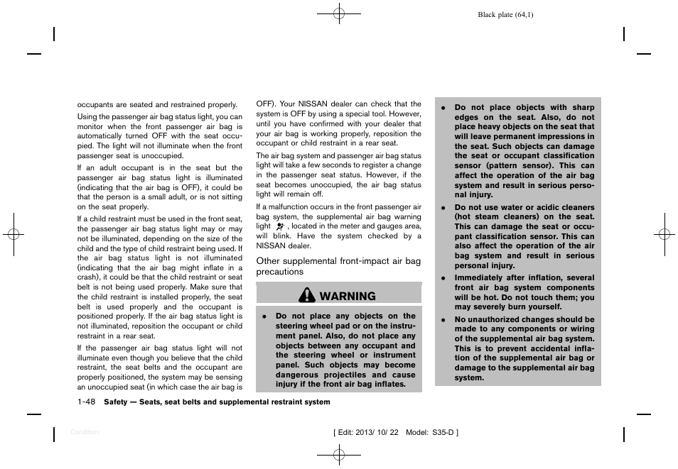 Warning | NISSAN 2014 Rogue Select - Owner's Manual User Manual | Page 66 / 323