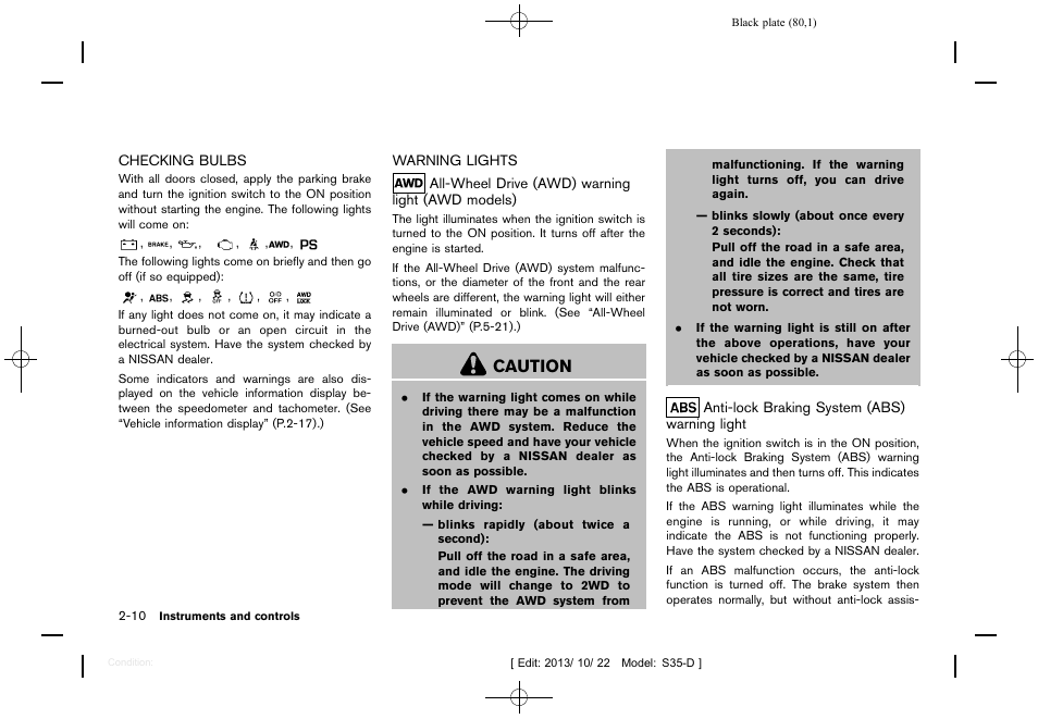 Checking bulbs -10 warning lights -10, Caution | NISSAN 2014 Rogue Select - Owner's Manual User Manual | Page 82 / 323