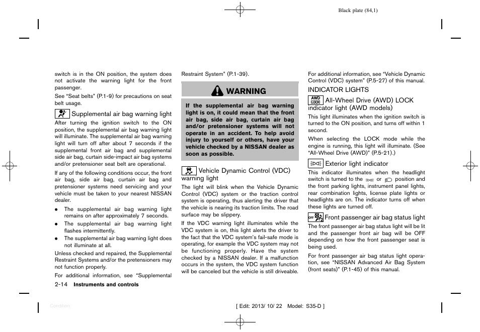 Indicator lights -14, Warning | NISSAN 2014 Rogue Select - Owner's Manual User Manual | Page 86 / 323