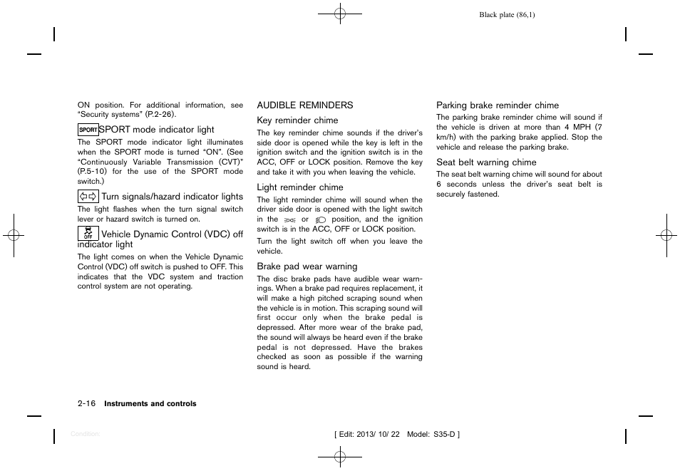 Audible reminders -16 | NISSAN 2014 Rogue Select - Owner's Manual User Manual | Page 88 / 323