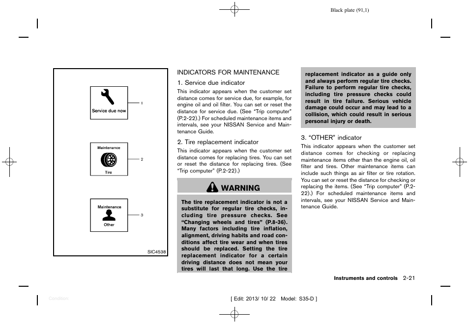 Indicators for maintenance -21, Warning | NISSAN 2014 Rogue Select - Owner's Manual User Manual | Page 93 / 323