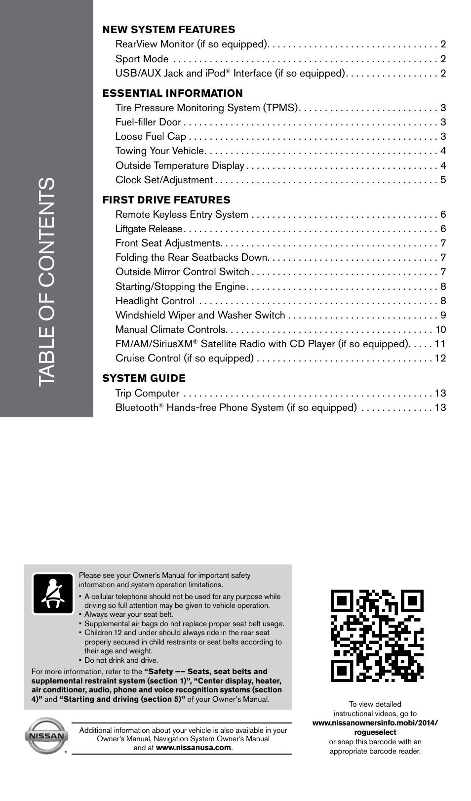 NISSAN 2014 Rogue Select - Quick Reference Guide User Manual | Page 3 / 20