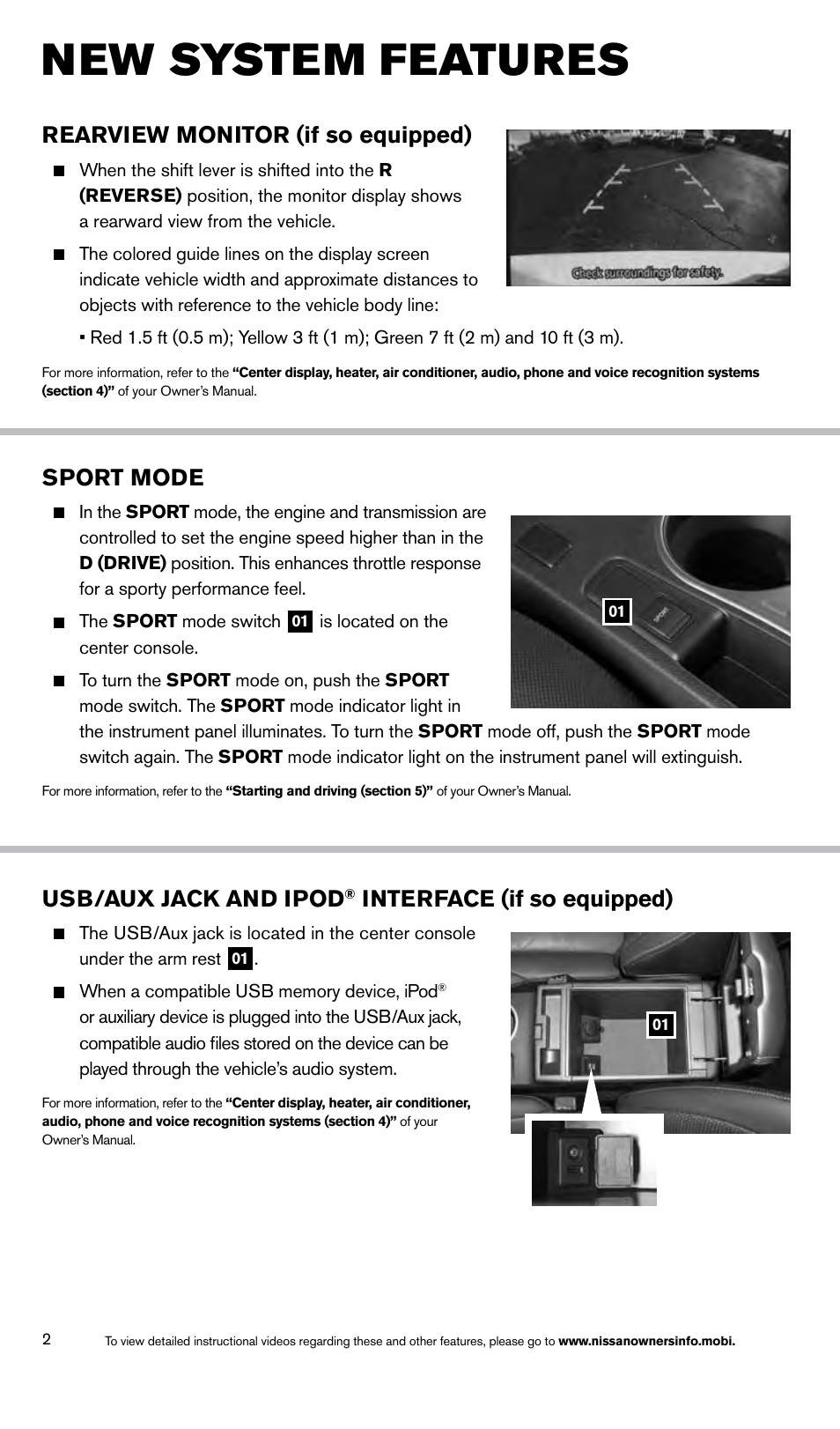 New system features, Sport mode, Usb/aux jack and ipod | Interface (if so equipped), Rearview monitor (if so equipped) | NISSAN 2014 Rogue Select - Quick Reference Guide User Manual | Page 4 / 20