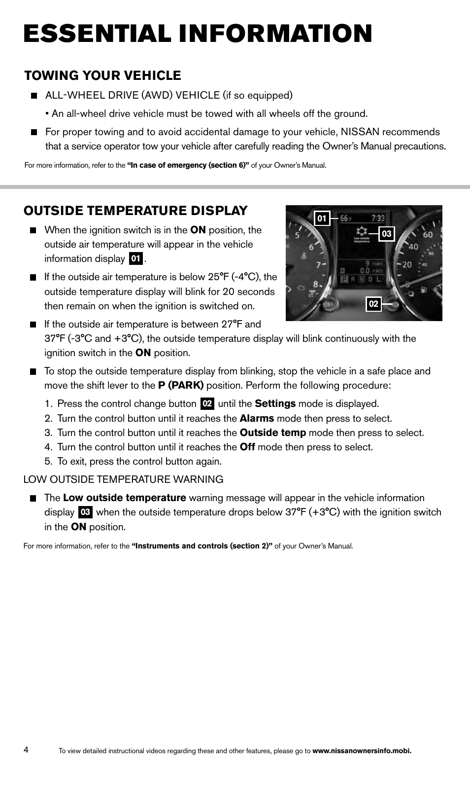 Essential information, Towing your vehicle, Outside temperature display | NISSAN 2014 Rogue Select - Quick Reference Guide User Manual | Page 6 / 20