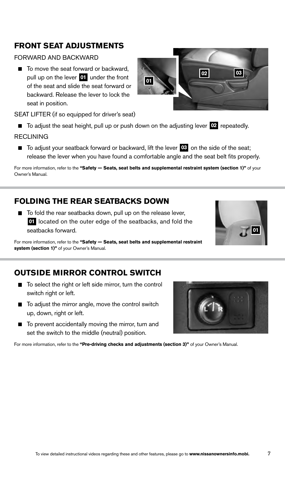 Folding the rear seatbacks down, Front seat adjustments, Outside mirror control switch | NISSAN 2014 Rogue Select - Quick Reference Guide User Manual | Page 9 / 20