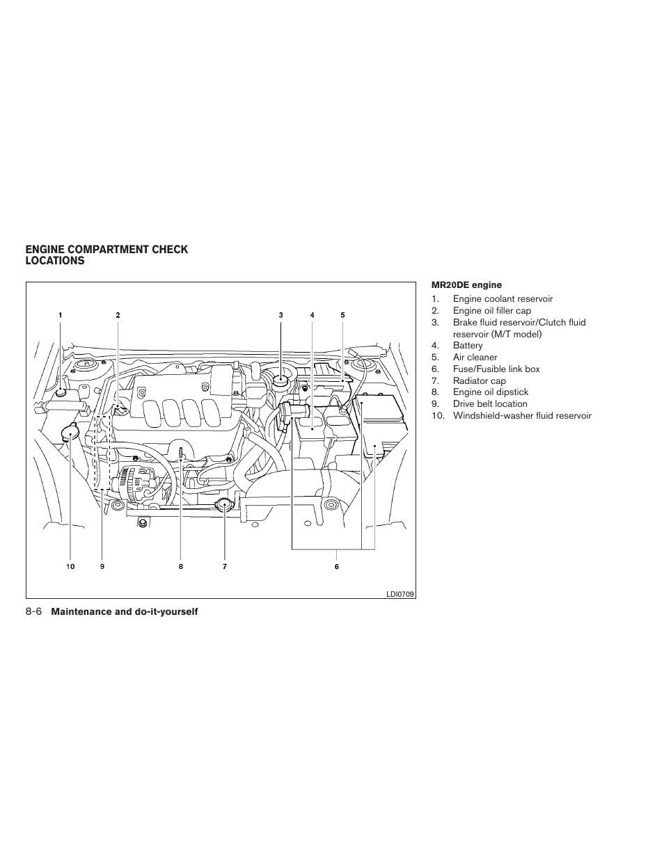 Engine compartment check locations -6 | NISSAN 2011 Sentra - Owner's Manual User Manual | Page 291 / 366