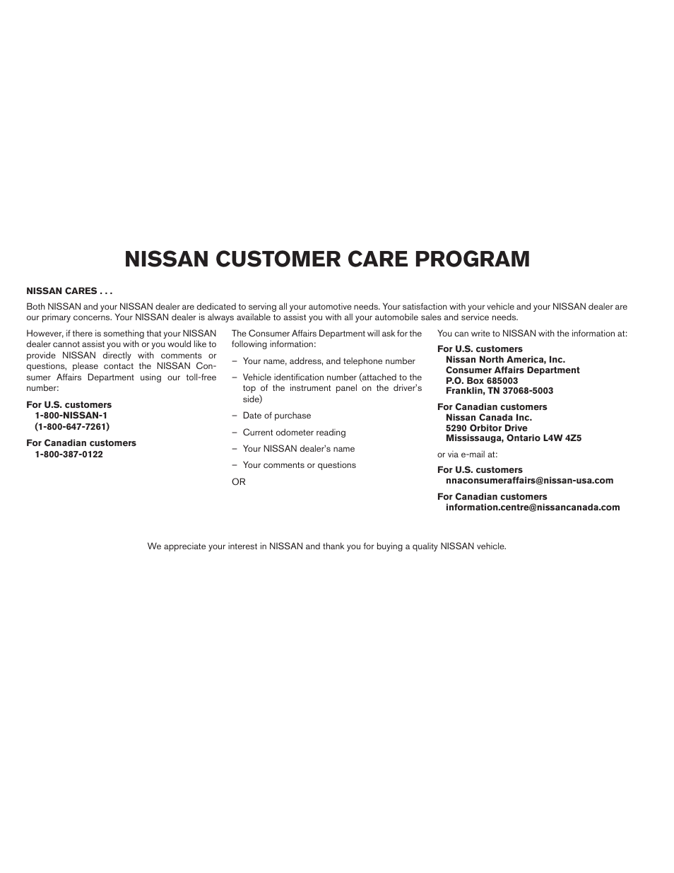 Nissan customer care program | NISSAN 2011 Sentra - Owner's Manual User Manual | Page 5 / 366