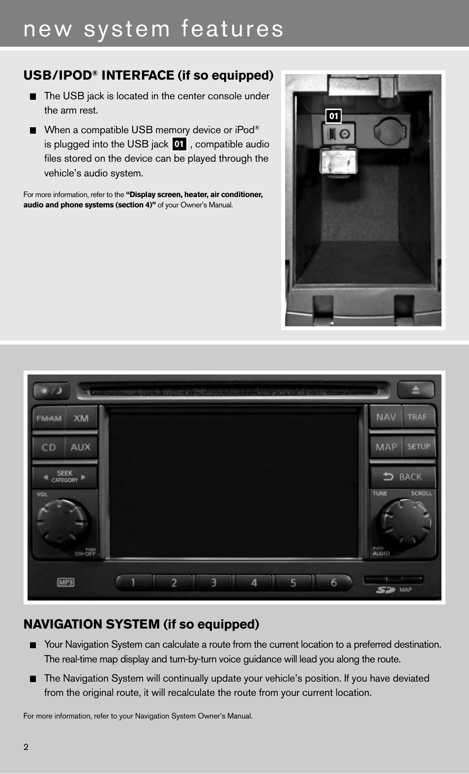 New system features, Usb/ipod, Interface (if so equipped) | Navigation system (if so equipped) | NISSAN 2011 Sentra - Quick Reference Guide User Manual | Page 4 / 12