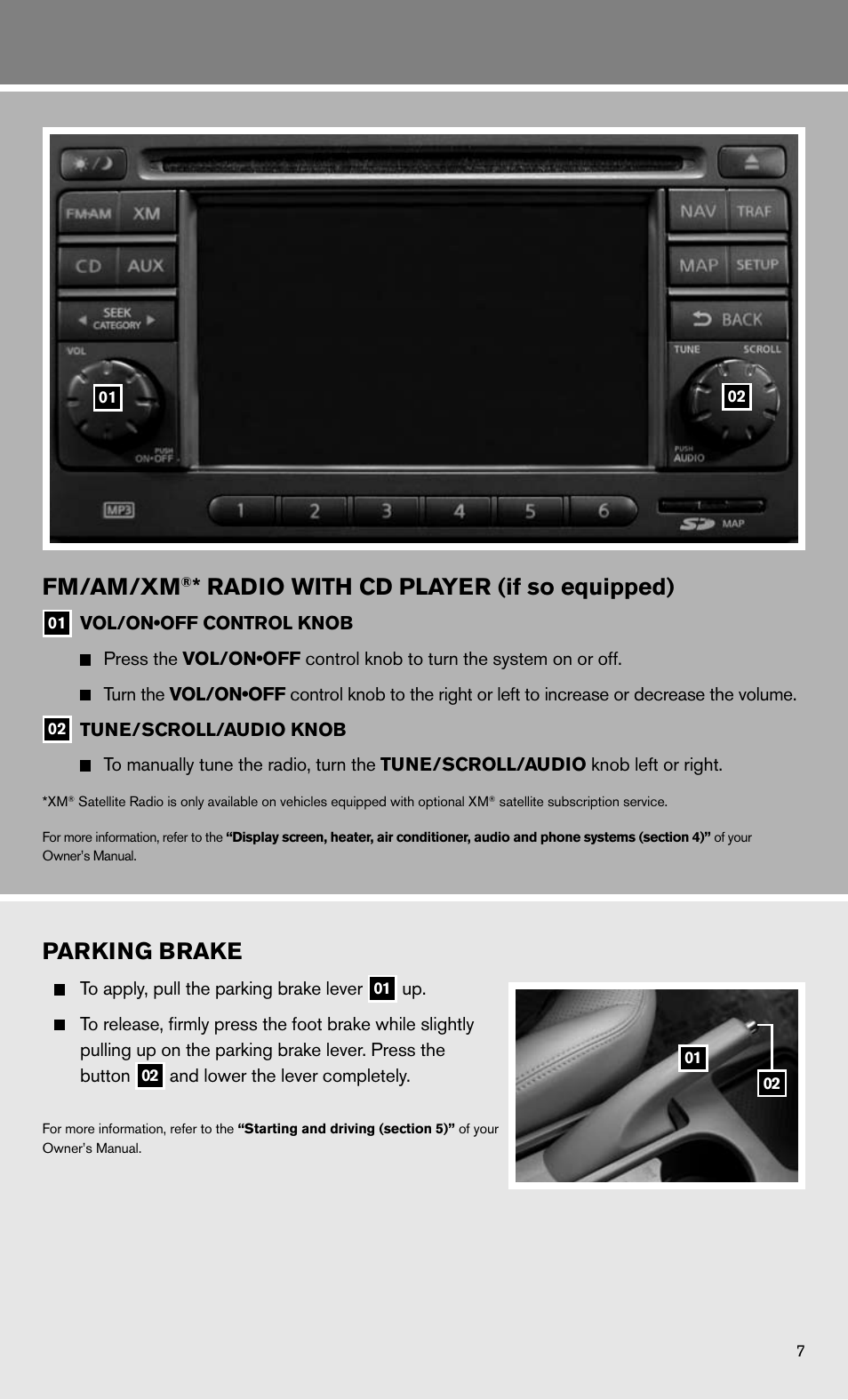 Fm/am/xm, Radio with cd player (if so equipped), Parking brake | NISSAN 2011 Sentra - Quick Reference Guide User Manual | Page 9 / 12