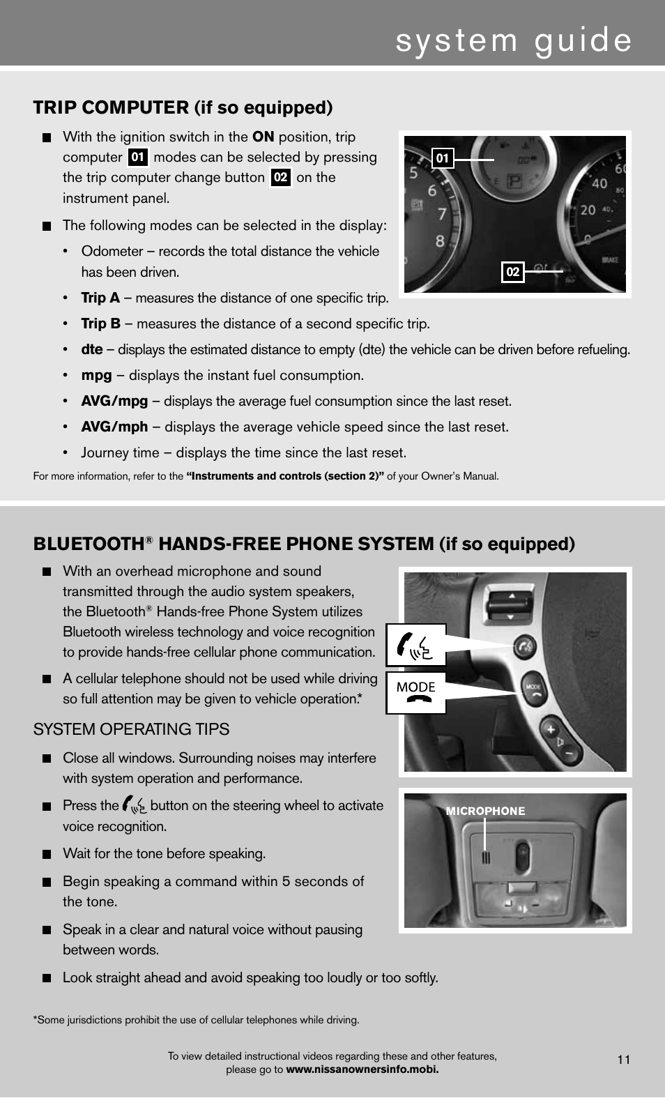 System guide, Trip computer (if so equipped), Bluetooth | Hands-free phone system (if so equipped) | NISSAN 2012 Sentra - Quick Reference Guide User Manual | Page 13 / 16