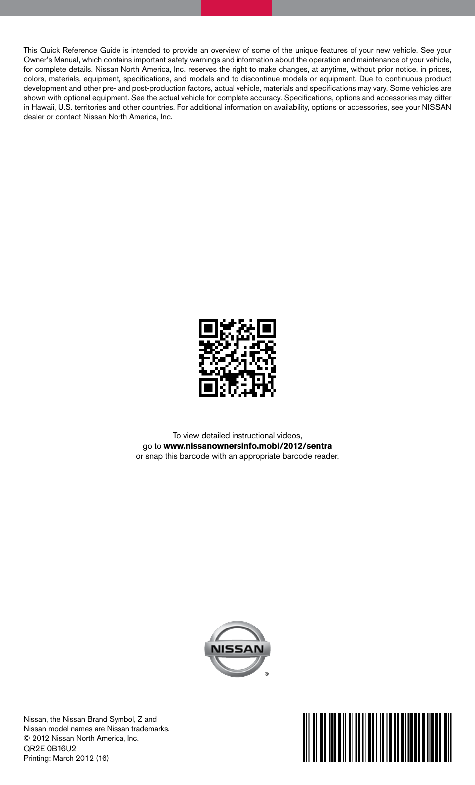 NISSAN 2012 Sentra - Quick Reference Guide User Manual | Page 16 / 16