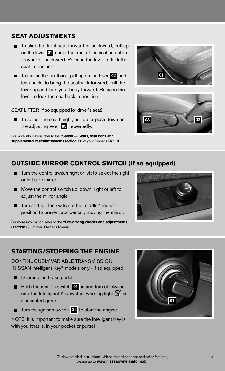 Starting/stopping the engine, Outside mirror control switch (if so equipped), Seat adjustments | NISSAN 2012 Sentra - Quick Reference Guide User Manual | Page 7 / 16