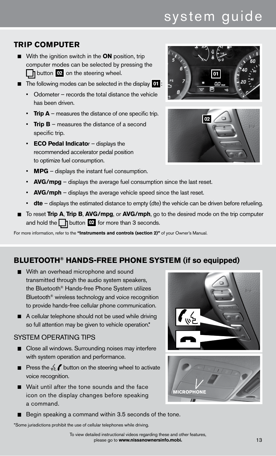 System guide, Bluetooth, Hands-free phone system (if so equipped) | Trip computer | NISSAN 2013 Sentra - Quick Reference Guide User Manual | Page 15 / 24