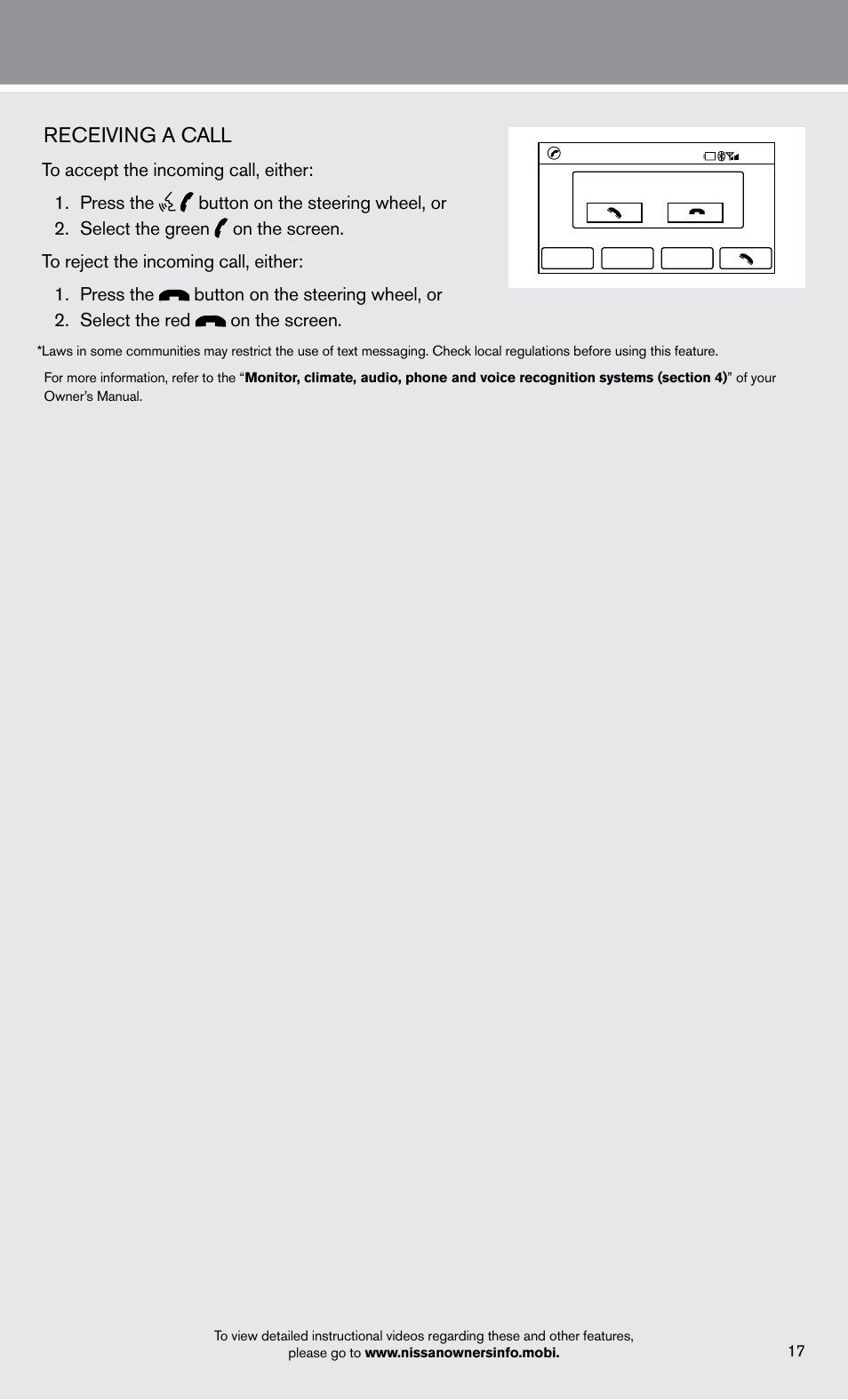 Receiving a call | NISSAN 2013 Sentra - Quick Reference Guide User Manual | Page 19 / 24