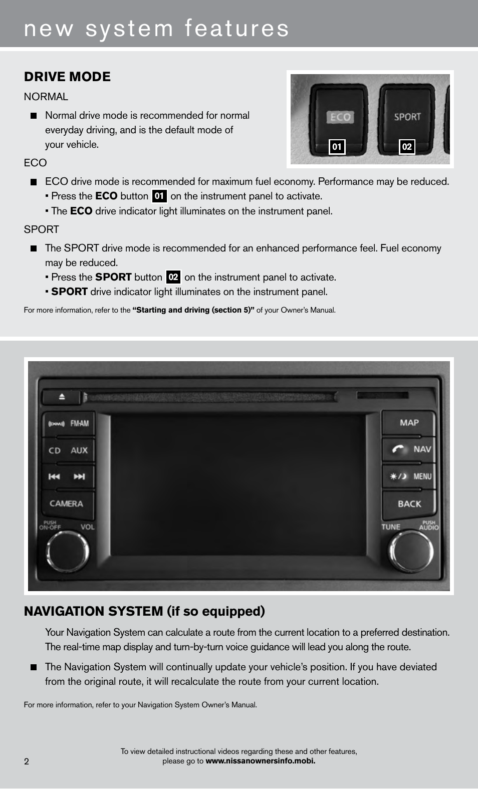 New system features, Drive mode, Navigation system (if so equipped) | NISSAN 2013 Sentra - Quick Reference Guide User Manual | Page 4 / 24