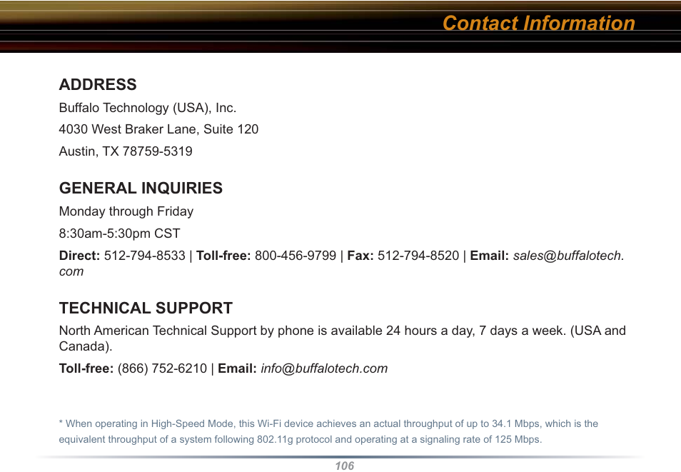 Contact information | Buffalo Technology WZR-RS-G54 User Manual | Page 106 / 107
