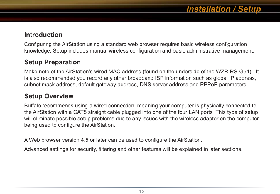 Installation / setup | Buffalo Technology WZR-RS-G54 User Manual | Page 12 / 107