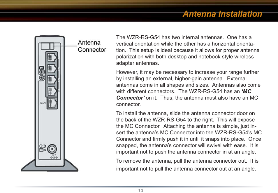 Antenna installation | Buffalo Technology WZR-RS-G54 User Manual | Page 13 / 107