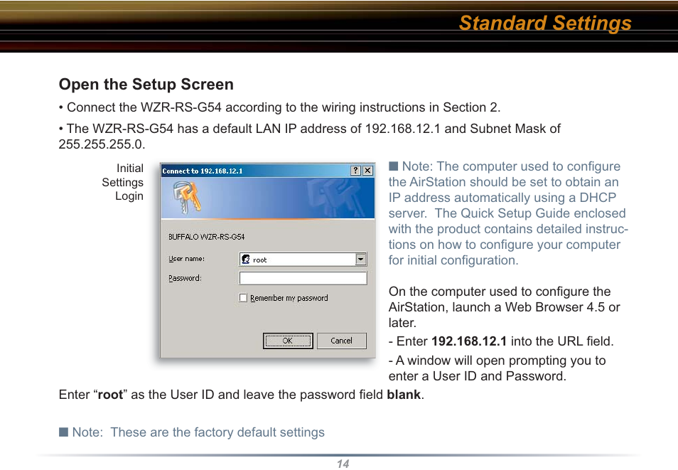 Standard settings, Open the setup screen | Buffalo Technology WZR-RS-G54 User Manual | Page 14 / 107