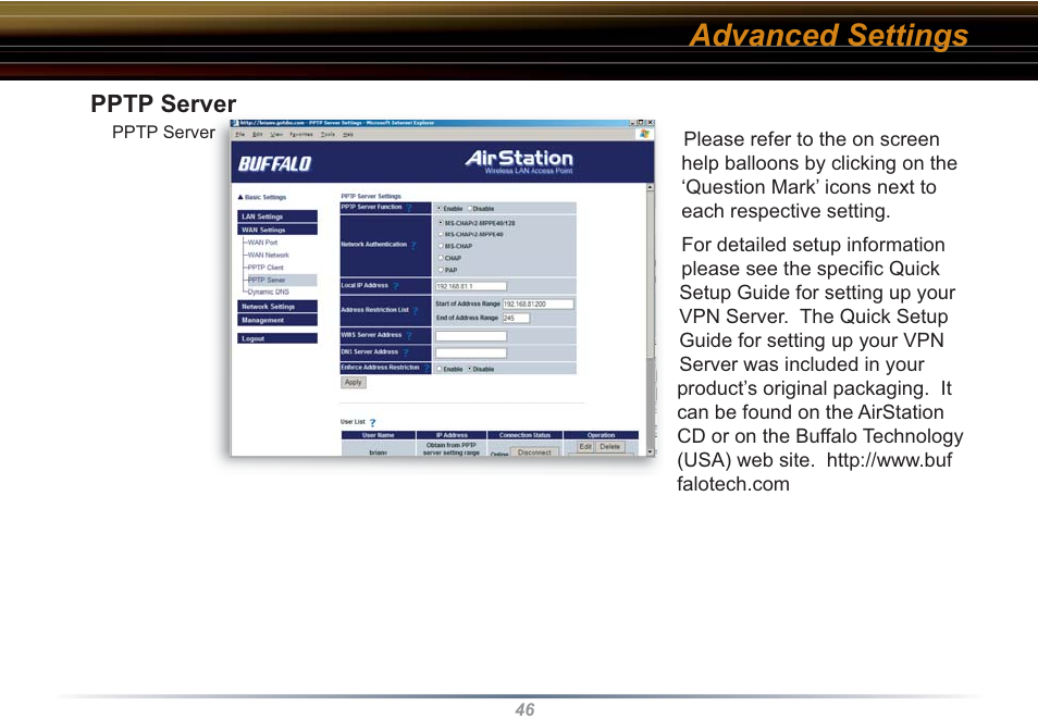 Advanced settings, Pptp server | Buffalo Technology WZR-RS-G54 User Manual | Page 46 / 107
