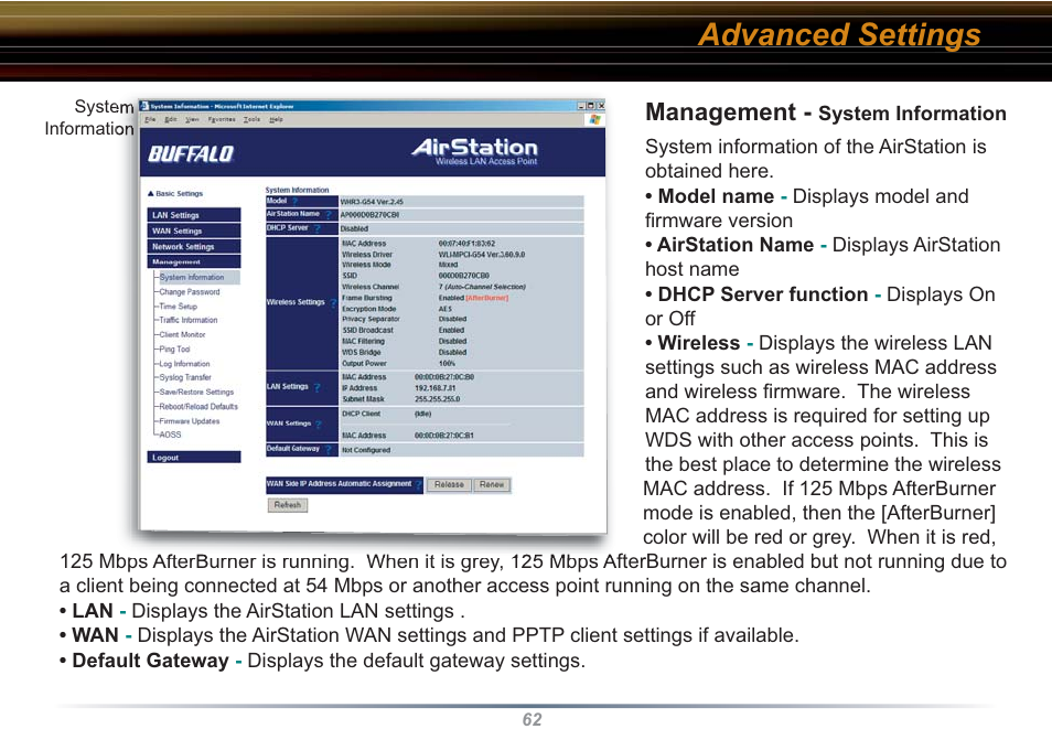 Advanced settings, Management | Buffalo Technology WZR-RS-G54 User Manual | Page 62 / 107